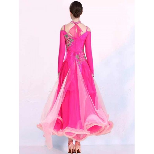 Mint hot pink competition ballroom dance dresses for women girls float sleeves Embroidered flowers waltz tango foxtrot smooth dance long gown for female